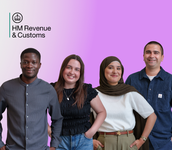 HMRC colleagues standing a line. HMRC logo.