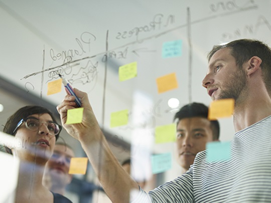 Group of Commercial and Procurement Team Members Planning Collaboratively, by using a post-it sorting exercise