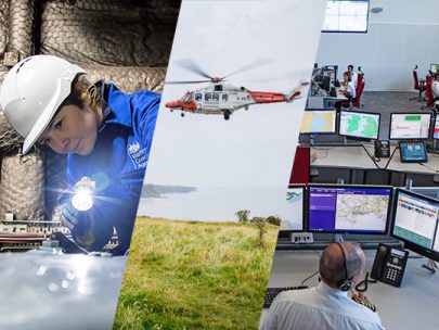 Collage showing MCA employees in different roles, such as flying a rescue helicopter and sitting in front of a bank of computer screens.