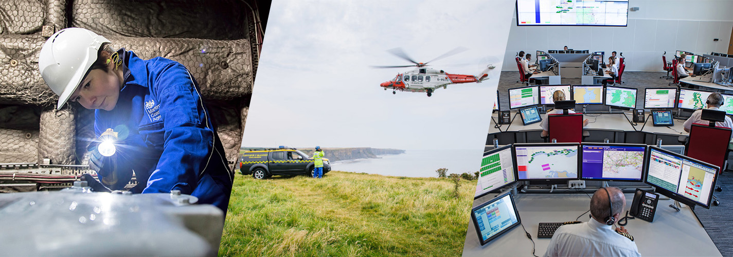 A collage showing a rescue helicopter, a person working at a large bank of computer screens and a manual worker in blue coveralls and a hardhat