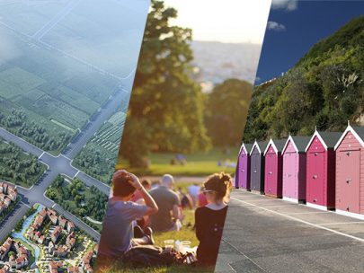 Collage of photos showing colourful beach huts, people having picnics in a lush green park, and an arial view of houses and woods.