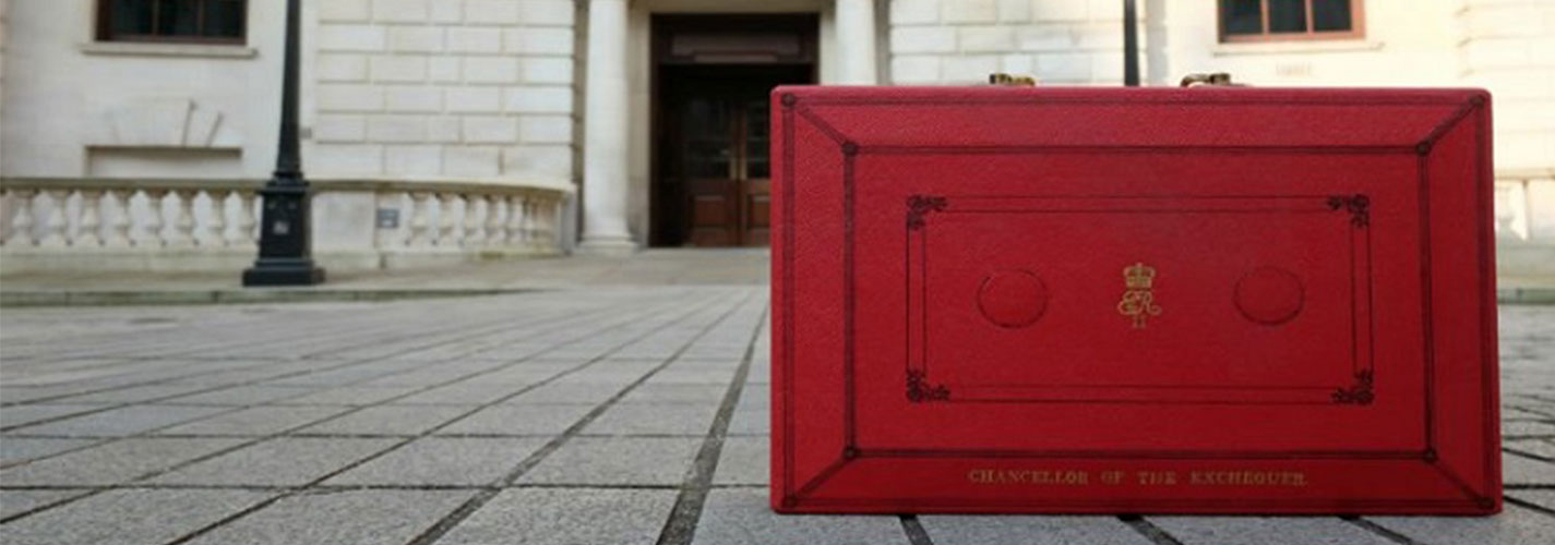 Photo of the red budget box outside the Treasury building
