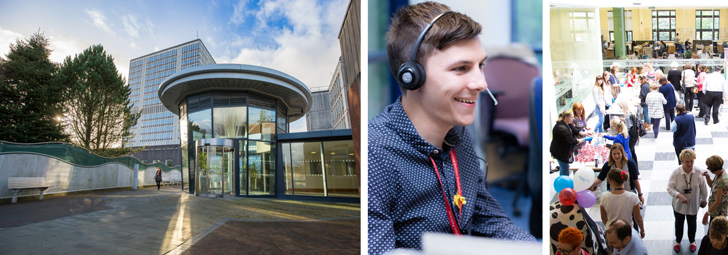 Collage showing a government building, a DVLA employee at their desk answering a phonecall via a headset, and milling groups of civil servants at an event.