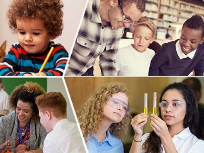 Collage showing photos of children in different learning environments.
