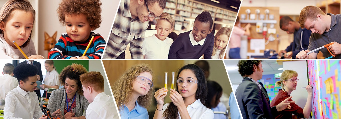 Collage of children in different learning environments